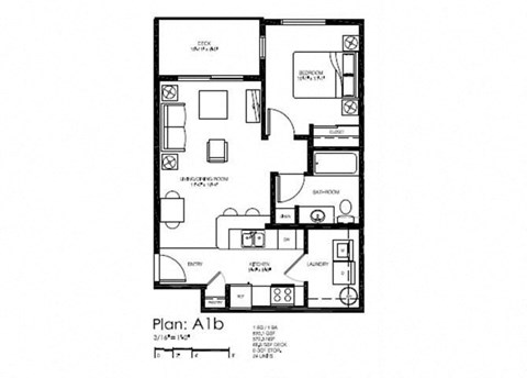 Floor plan for 1 bed, 1 bath, 630 sqft